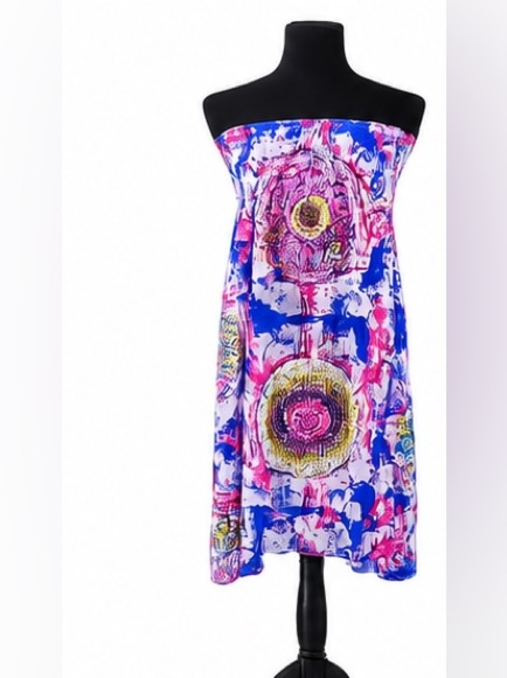 Rare whimsical elephant print w/colorful medallion motifs and smocked strapless.